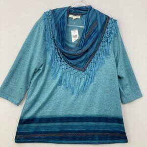 New Cactus + Pearl Large Blue 3/4 Sleeve Stretch Knit Scarf Boho Print Top